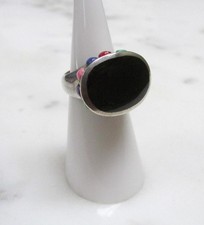 Sterling Silver Black Onyx Ring w/ Multicolored Stone Accents  Sz 4.5  4-D534