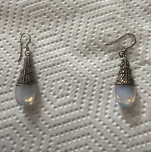 925 Sterling Silver Blue Moonstone Teardrop Dangle Drop Hook Earrings vintage