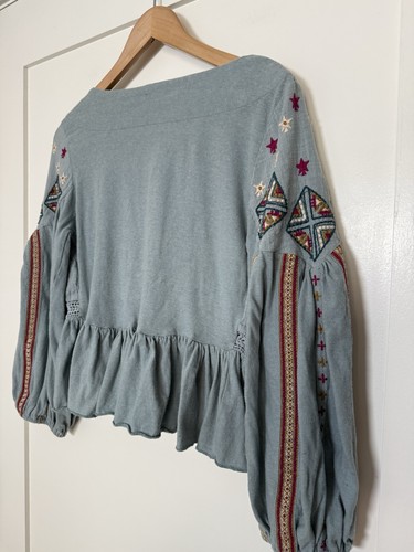 Free People Aria Top Sz S Blue V Neck Embroidered Gathered Long Sleeve Boho - Picture 9 of 14