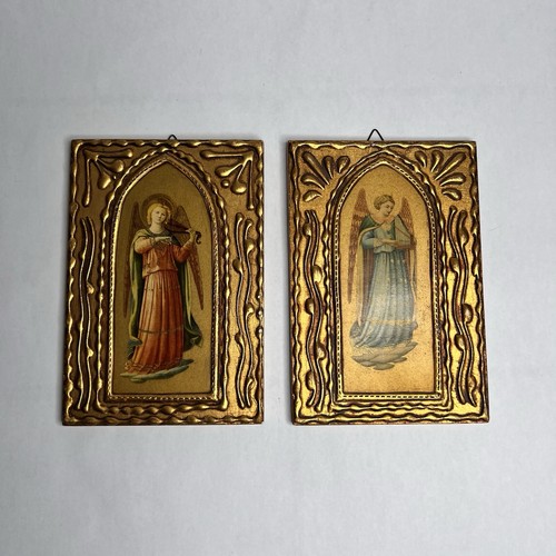 Vintage Florentine Religious Wall Plaques Gold Gilt Wood Fra Angelico 4.6”