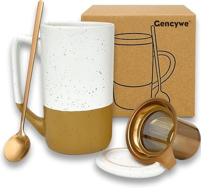 Ceramics Large Tea Cup W/ Loose Leaf Infuser Spoon & Lid 16 oz Tall Coffee Mug