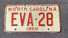 RARE 1968 NORTH CAROLINA EVA LICENSE PLATE ALL ORIGINAL GREAT FOR A NAME EVA