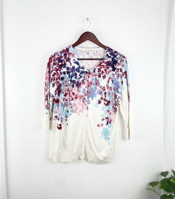 Coldwater Creek PL White Blue Pink Floral 3/4 Sleeve Cardigan Sweater 14P