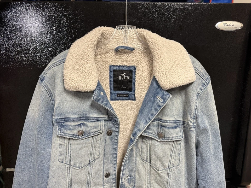 Chaqueta de mezclilla Hollister para hombre L Epic Flex Sherpa forrada abrigo de camionero occidental grueso Foto 3 de 4