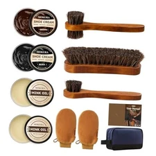  Shoe Polish Kit for Men Women, 11Pcs Shoe Shine Kits Include Mink Oil 