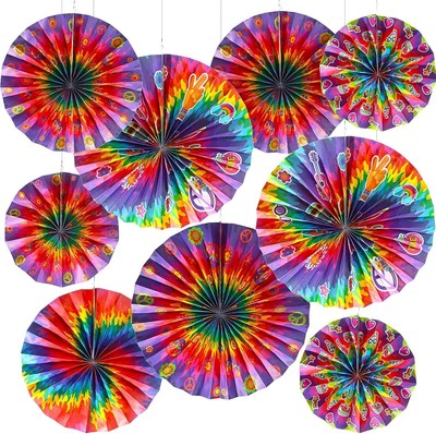 Outus 9 Pcs Tie Dye Party Supplies Groovy Hippie Hanging 8 inch, Multicolor 