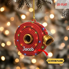 Personalized Firefighter Ornament, Custom Name Fire Hose Christmas Tree Decor