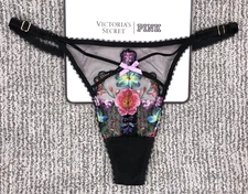 Victoria's Secret Sexy NWT Medium Black Blossom Embroider Adjustable Thong Panty
