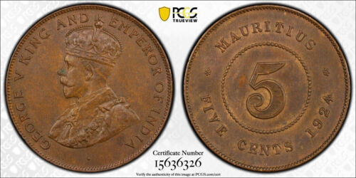 British Mauritius, 1924 George V 5 Cents. PCGS 63 BN. 400,000 Mintage.