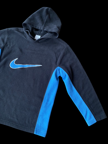 Y2K Nike Big Swoosh Hooded Pullover Fleece Black Blue Sz Youth M 10-12 | Wmns XS - Picture 2 of 10