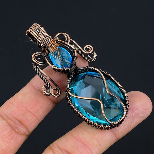 Blue Topaz Gemstone Handmade Solid Gift Jewelry Wire Wrap Copper Pendant - Picture 4 of 4