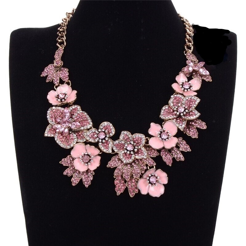 PRETTY IN PINK Pave Rhinestone Enamel Flower Bib Vintage Style  Necklace