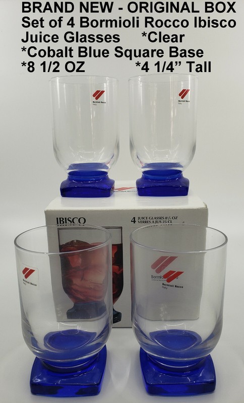 NIB Bormioli Rocco Ibisco 4 Juice Glasses *Clear/Cobalt Blue Square Foot *4 1/4"