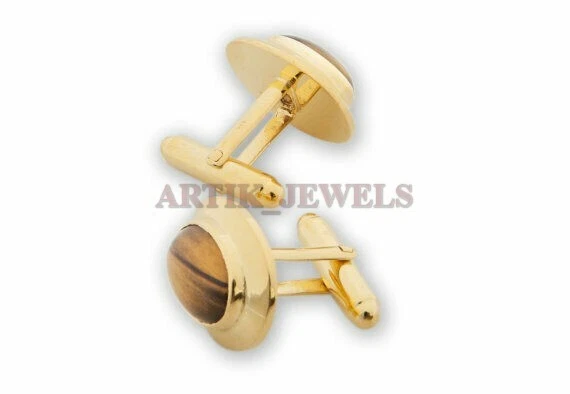 Natural Tiger's Eye Gemstone with Gold Plated 925 Sterling Silver Cufflink #2613 - Image 2 of 3