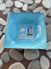 Vintage Postage Stamp Ashtray Blue Glass Smoking Tobacciana Collectible 60’s 70s