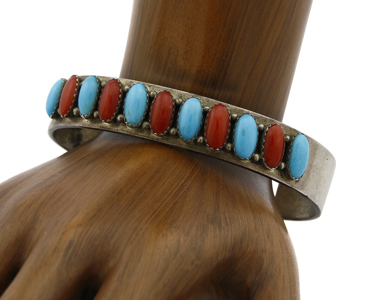 Navajo Bracelet .925 Silver Turquoise Coral Cuff Signed Daniel