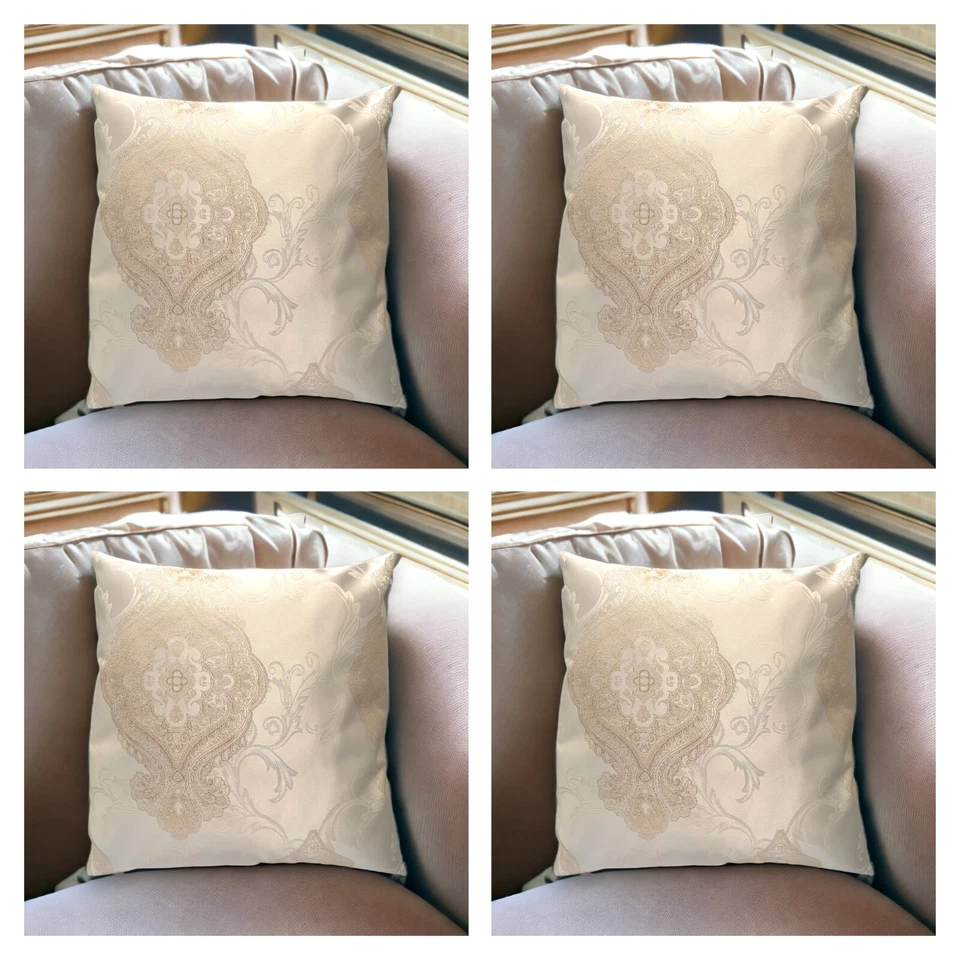 SET OF 4 CUSHION COVERS Cream Golden Thread Jacquard Damask 18x18" - Image 4 of 4