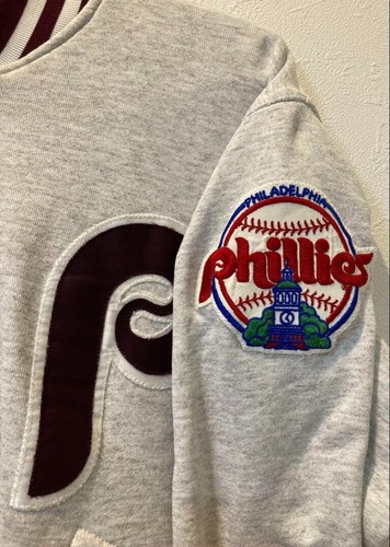 Vintage NLB Phillies Varsity Jacket USA Made Sweat Bomber Burgundy Rare L - Picture 3 of 8