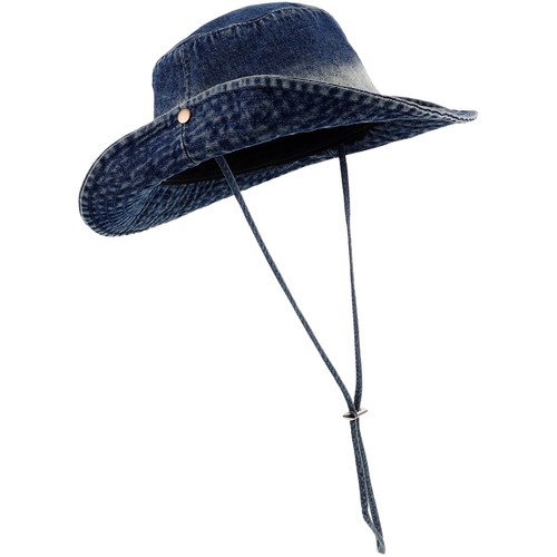 Denim Bucket Hat for Women Men Wide Brim Sun Hat Foldable Cowboy Hat with Chin - Picture 10 of 12