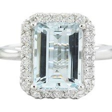 3.30 Carats NATURAL AQUAMARINE and DIAMOND 14K Solid White Gold Ring