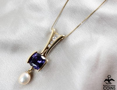 14k Yellow Gold Spinel Diamond & Saltwater Pearl Pendant w/29'' Chain