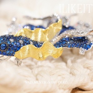 Authentic Elegant Koi Fish Brooch, Blue Sapphire & CZ Paved 18K Gold Plated