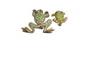 Green Rhinestone Gold Toned Articulated Frog Brooch Pins Different Size Lot Of 2