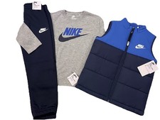 NWT NIKE BOY'S 3 pc SET GRAY LONG SLEEVE BLUE SWEATPANTS  VEST 6 M 