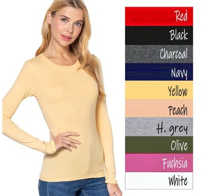 (Active Basic) Long Sleeve Plain CREW Neck T-shirts Cotton/Spandex Junior Size