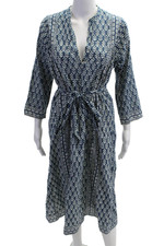 Doen Women Kaftan Dress Blue V-Neck 3/4 Sleeve Geometric Organic Cotton Size XS