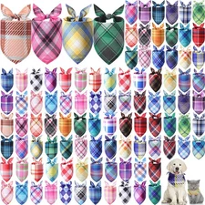 100 Pcs Plaid Dog Bandanas Bulk Pet Triangle Scarf Bibs Washable Puppy Kerchi...
