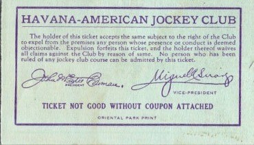 1929 30 Havana Cuba Oriental Park Jockey Club Grand Stand Admission Ticket