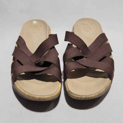 WOMENS EDDIE STRETCH CROCS STRAPPY SANDLES 14966 SIZE W 7 BROWN STRAPS
