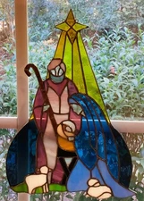 Handmade Stained Leaded Glass Nativity Crèche Hanging Sun Catcher 13”x8.5”