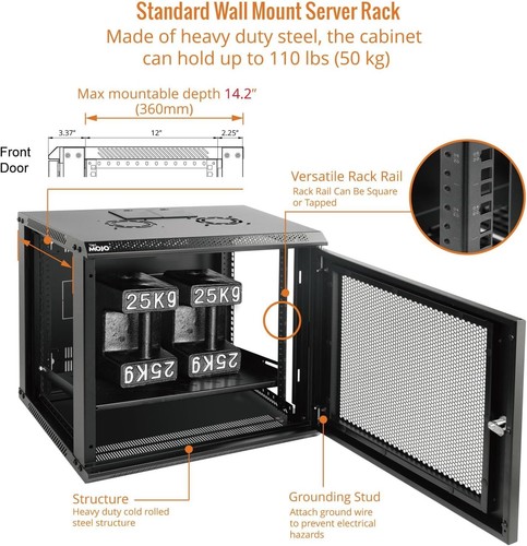 Armoire réseau en rack mural 9U pour équipement informatique 19", avec porte en maille verrouillable - Photo 4/5