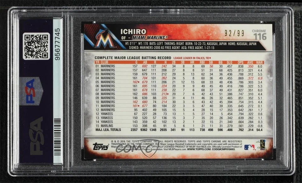2016 Topps Chrome Green Refractor /99 Ichiro Suzuki Ichiro #116 PSA 9 MINT HOF - Image 2 of 2