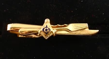 Gold Color Tie Clip / Bar: - Masonic Blue Lodge Emblem over  Fork & Knife