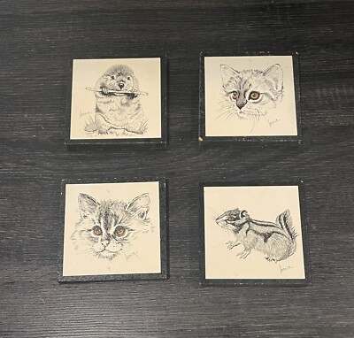 VTG 4 Wooden Lithograph Prints Cats, Beaver, Chipmunk by Leslie STAPCO NY