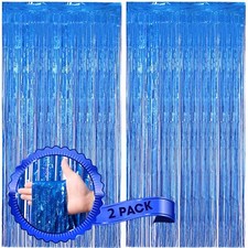 2 Pack Blue Foil Fringe Backdrop Curtains 3.3x8.2 Ft Tinsel Party Streamers