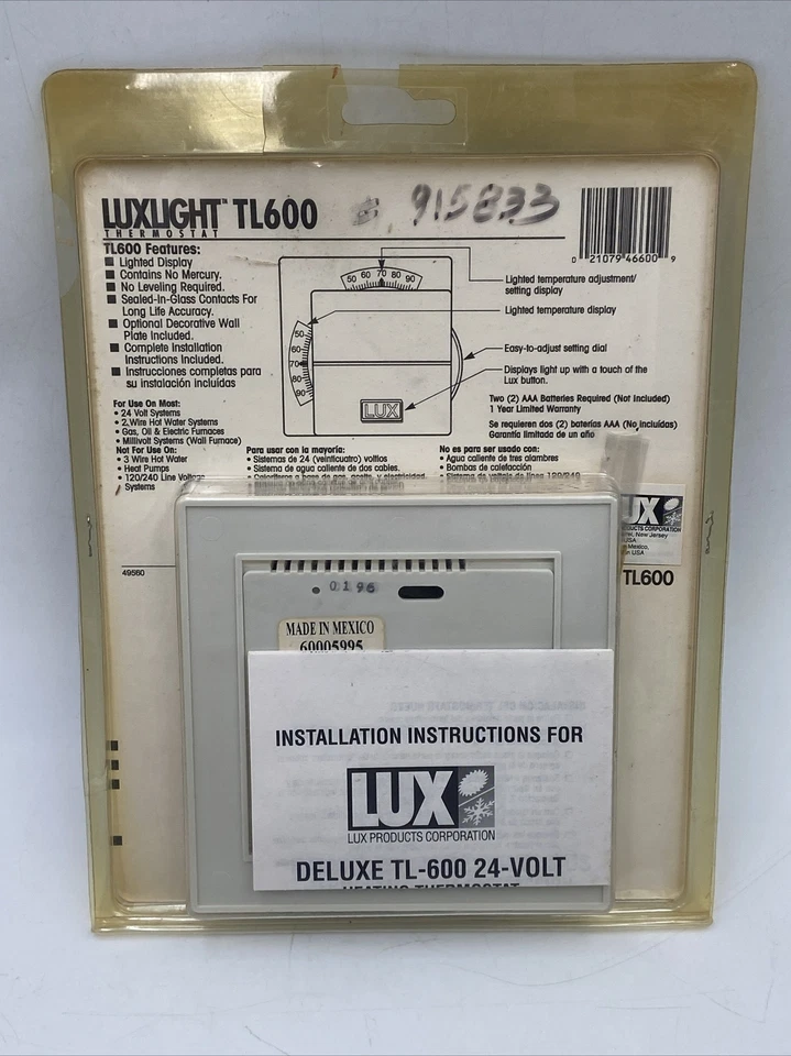Lux Light TL600 Analog Heating Thermostat Lights at Night NOS - Image 2 of 4
