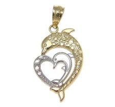 SOLID 14K YELLOW WHITE GOLD HAWAIIAN DIAMOND CUT DOLPHIN HEART CHARM PENDENT