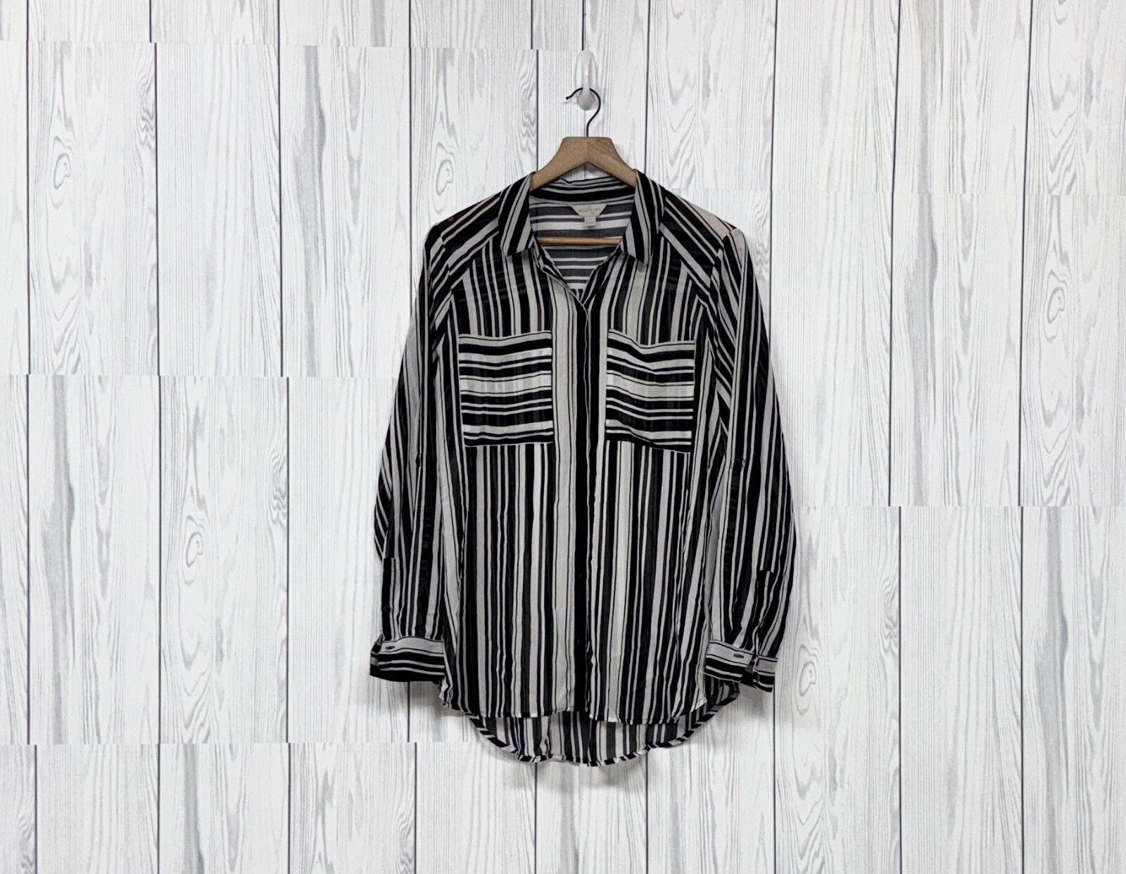 Belle Sky blouse womens size large button up long sleeve sheer black white