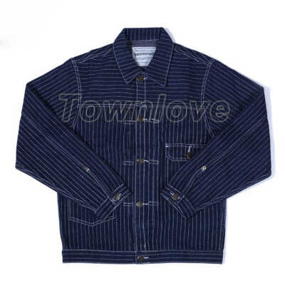 Mens Retro Railroad Striped Denim Jacket Jean Chore Coat Workwear