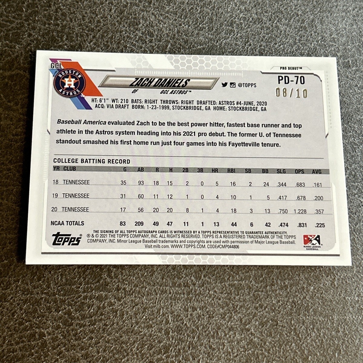 2021 Topps Pro Debut Autographs Red #PD-70 Zach Daniels RC Rookie