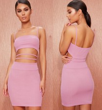New PRETTY LITTLE THING MAUVE RIBBED STRAPPY CUT OUT BODYCON DRESS Womens SZ 0