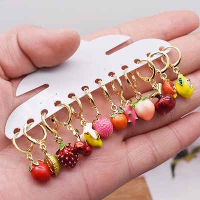 3d Fruit Earrings Metal Enamel Charms Cherry Strawberry Fruit Dangle  Earring