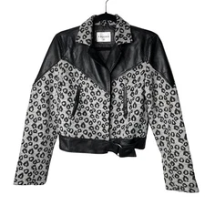 Vigoss Cropped Faux Leather XS Black Grey Cheetah Print Jacket Size XSmall Y2K