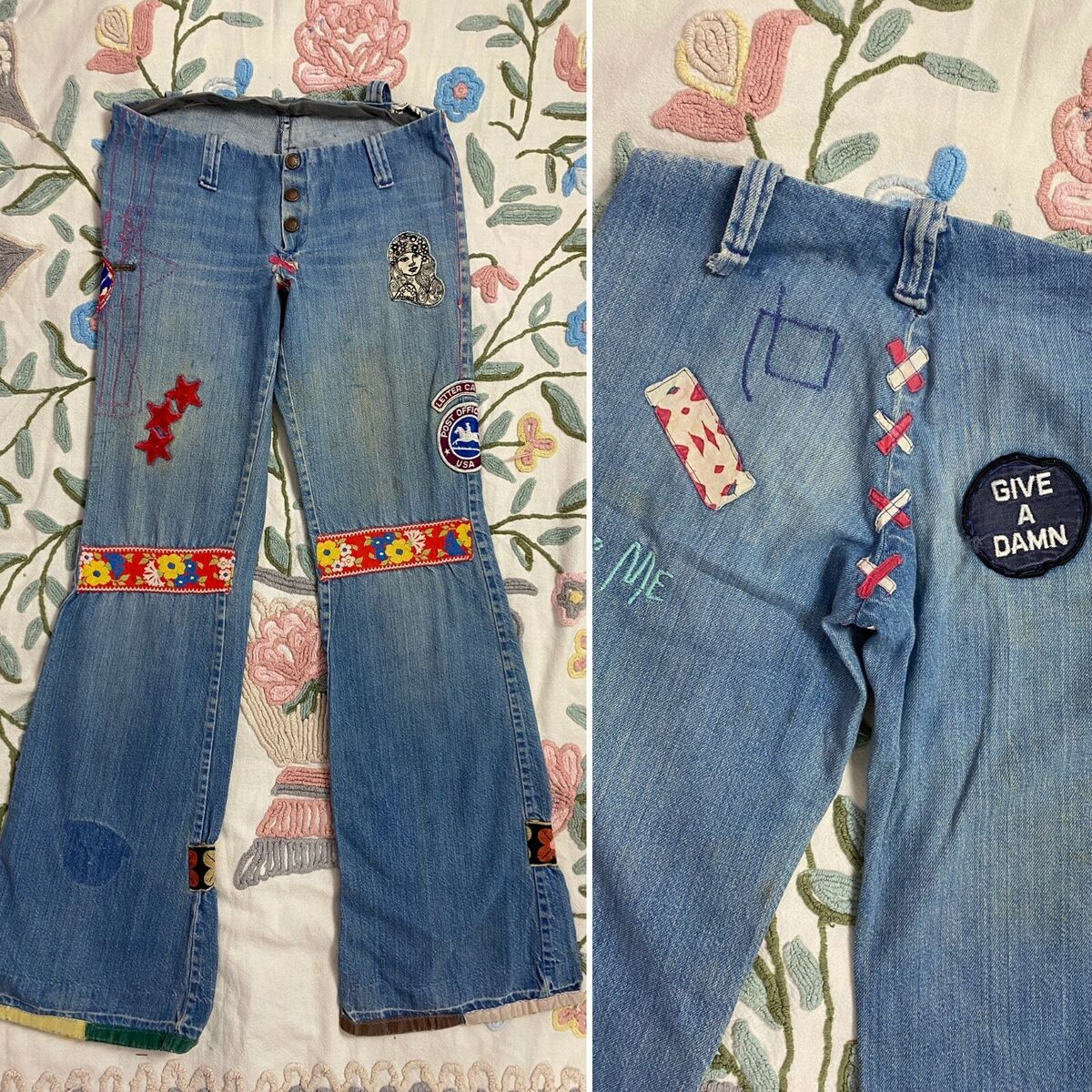 1970s Patched Hiphugger Jeans Hippie Bellbottoms Patchwork 1970s Patched Hiphugger Jeans Hippie Bellbottoms Patchwork