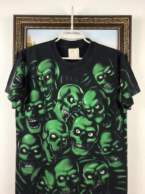 SKULL PEACE 90sヴィンテージtシャツ Vintage 90's Green Skull Pile Double Sided All Over Print Tee