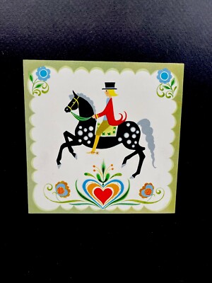VTG Unused Americana Tile Greeting Card A Colonial Decorative Man On Black Horse
